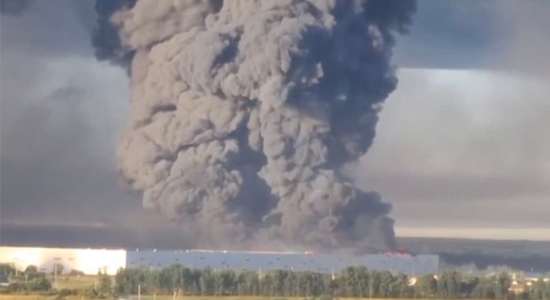 Smoke billows from a warehouse, after deadly Ukrainian drone attacks, as per regional governors, in Elektrostal, Moscow Region, Russia, July 18, 2026, in this screen grab obtained from a social media video. Social Media/via REUTERS  THIS IMAGE HAS BEEN SUPPLIED BY A THIRD PARTY. MANDATORY CREDIT. NO RESALES. NO ARCHIVES. NEWS USE ONLY.   Verification lines:  - Warehouse, buildings, and vegetation matched satellite imagery. - Date verified by statement from the governor of the Moscow region, Andrei Vorobyov, who said 24 people were injured following a drone attack on another Wildberries warehouse in Elektrostal, a city east of Moscow. - NASA Firms detected thermal activity in the area on the morning of July 18 and fire was seen on video.