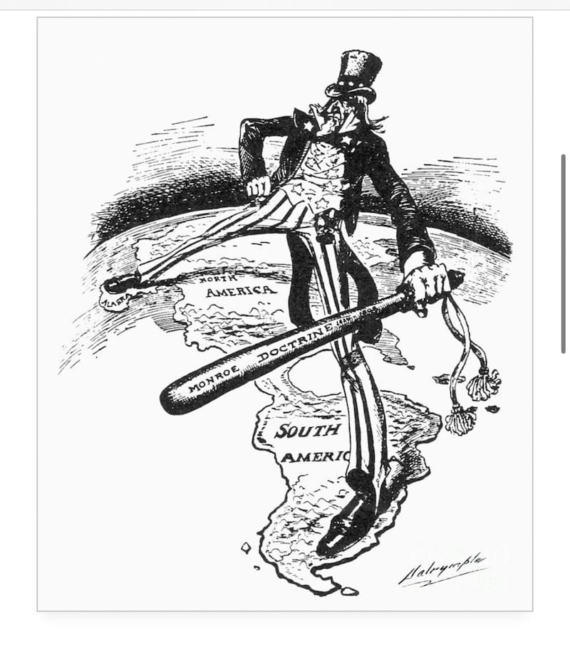 Cartoon by Louis Dalrymple about U.S. expansionism: Uncle Sam straddles the Americas while wielding a big stick inscribed with the words "Monroe Doctrine 1824–1905".