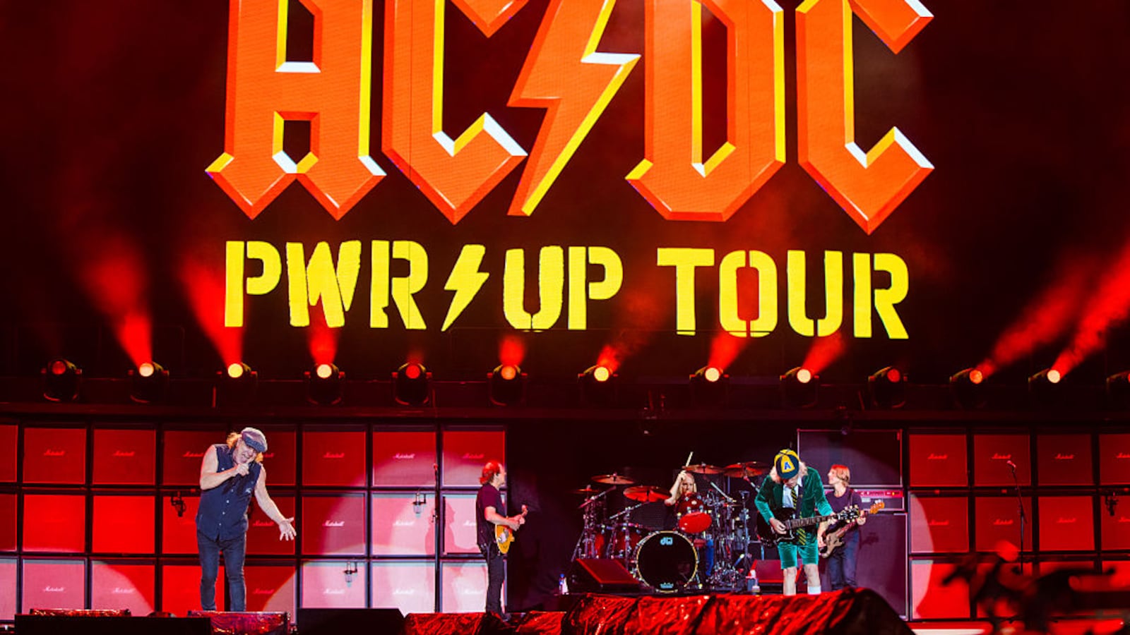Brian Johnson, Angus Young, Stevie Young, Chris Chaney and Matt Laug of AC/DC performs live on stage as part of the "Power Up" tour at MorumBIS on February 24, 2026 in Sao Paulo, Brazil.