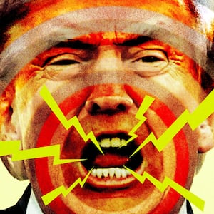 Illo illustration of a yelling donald trump with lightning bolts coming out of his mouth