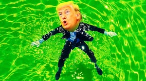 A photo illo illustration of Donald Trump floating in a green pool.