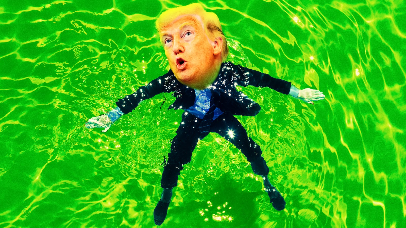 A photo illo illustration of Donald Trump floating in a green pool.