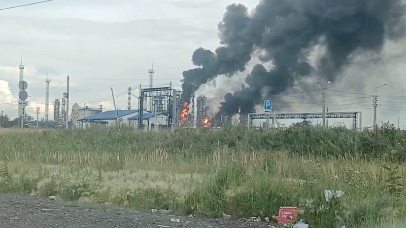 Fire at Omsk oil refinery as the region's governor says the province came under attack from Ukrainian drones, in Omsk, Russia July 6, 2026, in this picture obtained from a social media video.
