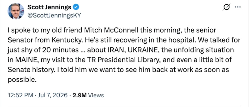 Jennings claimed he spoke with McConnell in a post right around the same time Sens. Barrasso and Thune's offices also said the senators had spoken to the Kentucky senator.