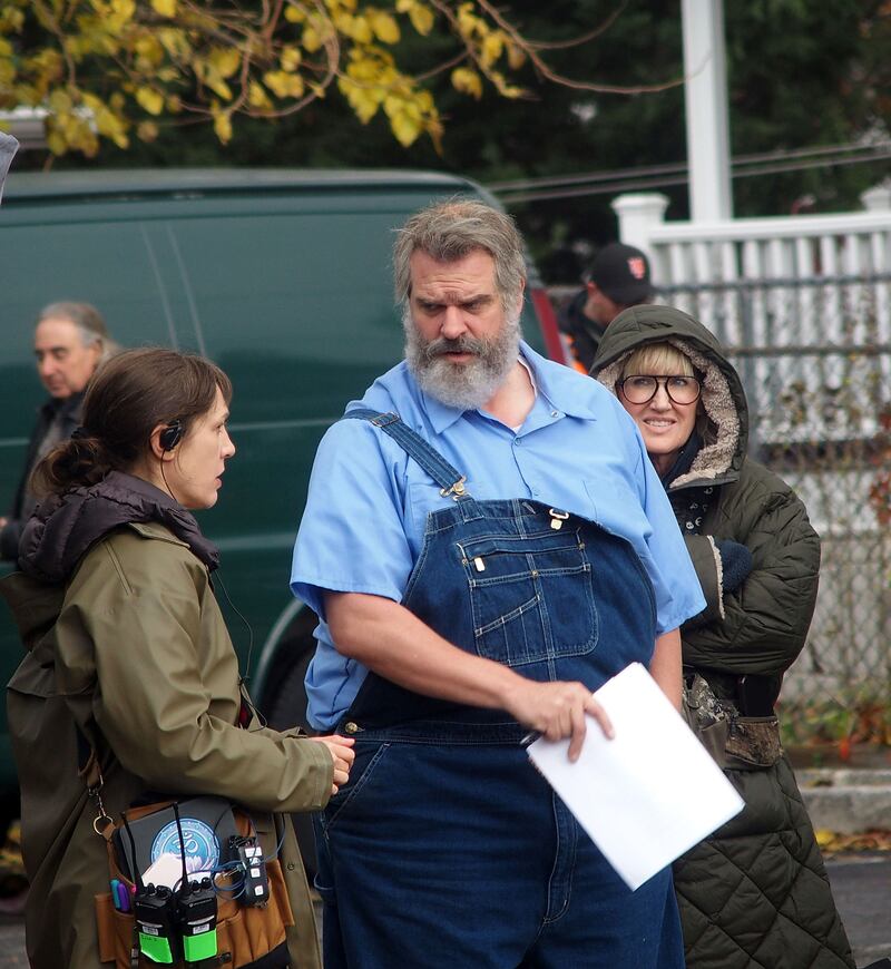 David Harbour on the set of "Evil Genius" on November 10, 2025 in Woodbridge, New Jersey