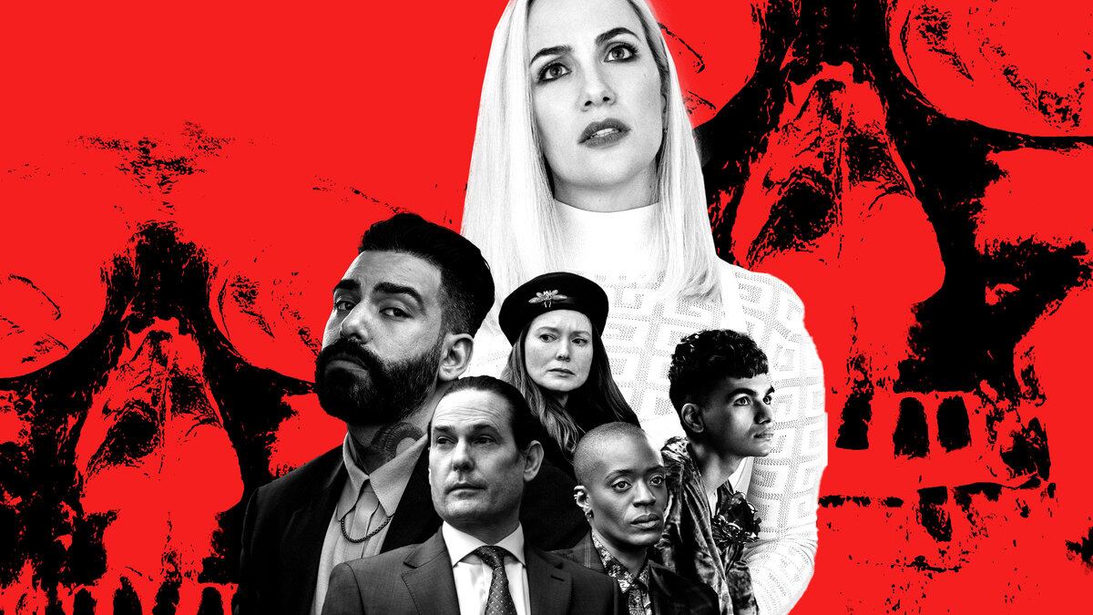 The cast of The Fall of the House of Usher with skull imagery behind them