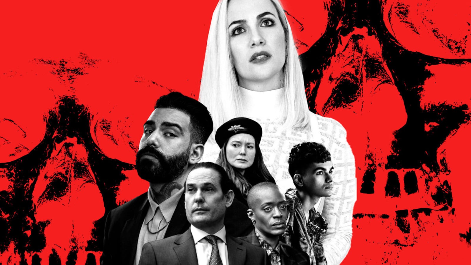 The cast of The Fall of the House of Usher with skull imagery behind them