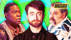 A photo illustration of Tracy Morgan, Daniel Radcliffe, and Bobby Moynihan in The Fall and Rise of Reggie Dinkins for the Obsessed Podcast.