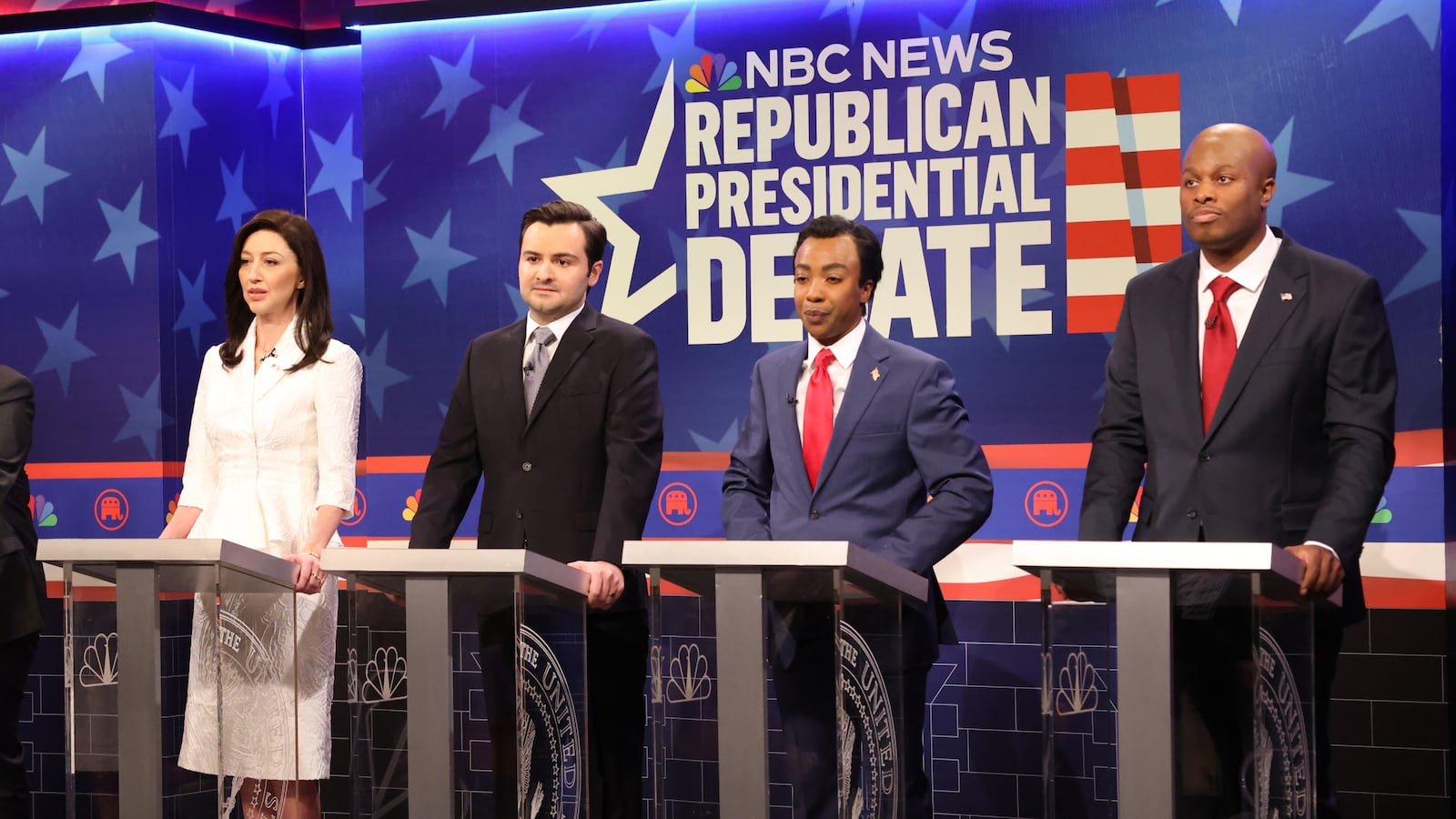 Molly Kearney as Chris Christie, Heidi Gardner as Nikki Haley, John Higgins as Ron DeSantis, Ego Nwodim as Vivek Ramaswamy, Devon Walker as Tim Scott during the "Republican Debate" Cold Open on Saturday, November 11, 2023