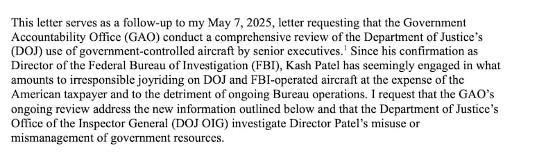 An excerpt from Durbin's letter to the GAO on Tuesday.