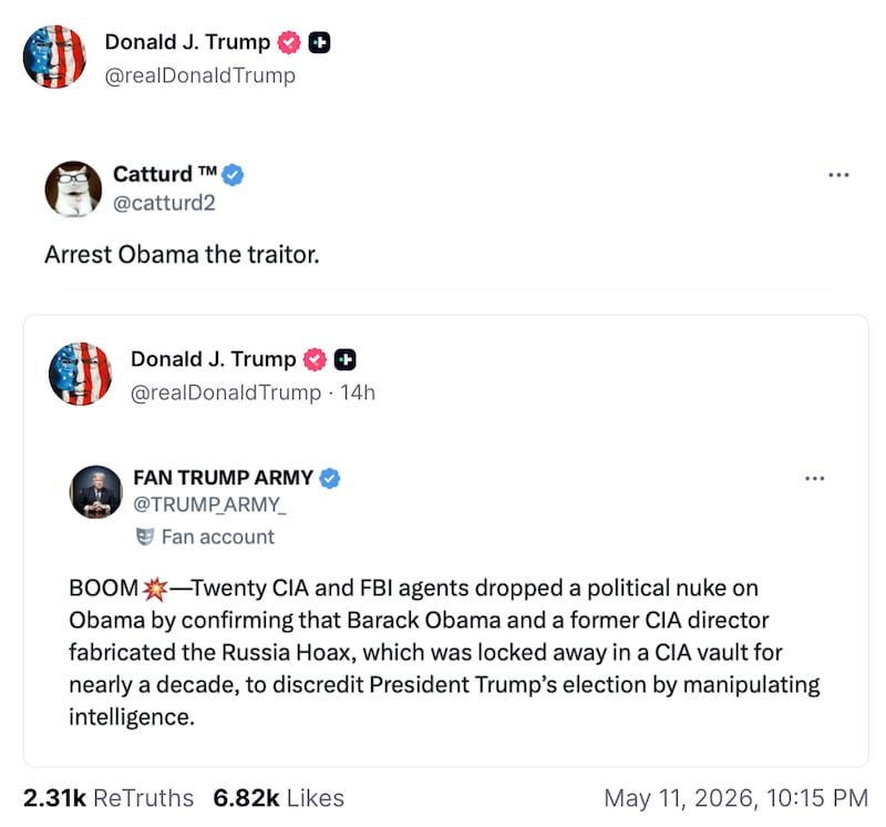 Among the posts reshared by President Donald Trump on Monday night was one in which the account “Catturd2” called former President Barack Obama a “traitor.”