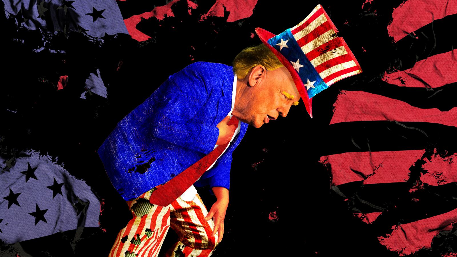 A photo illustration of President Donald Trump dressed up as an old Uncle Same and torn US flag background.