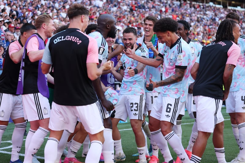 Romelu Lukaku of Belgium celebrates with teammates after scoring the team's fourth goal during the FIFA World Cup 2026 Round of 16 match between USA and Belgium at Seattle Stadium on July 06, 2026 in Seattle, Washington.