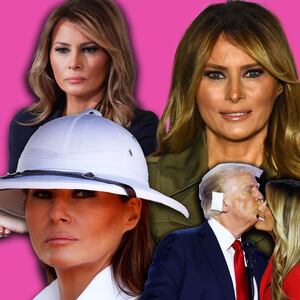 A collage of Melania Trump in various outfits and kissing her husband Donald