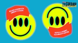 Distorted smiley faces wearing MAGA hats with three eyes
