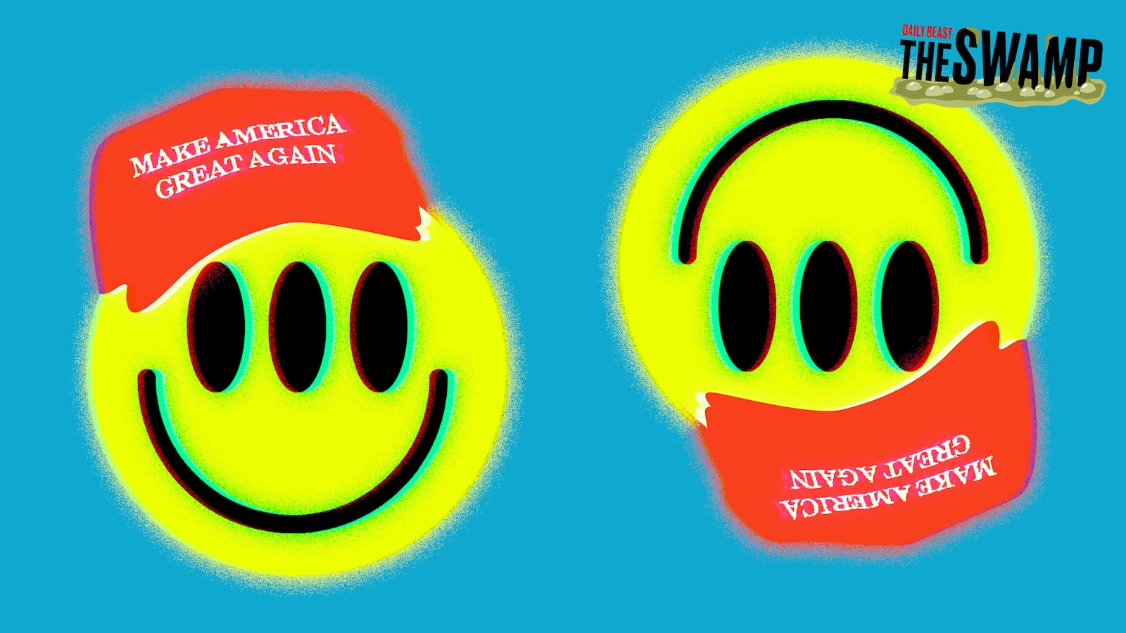 Distorted smiley faces wearing MAGA hats with three eyes