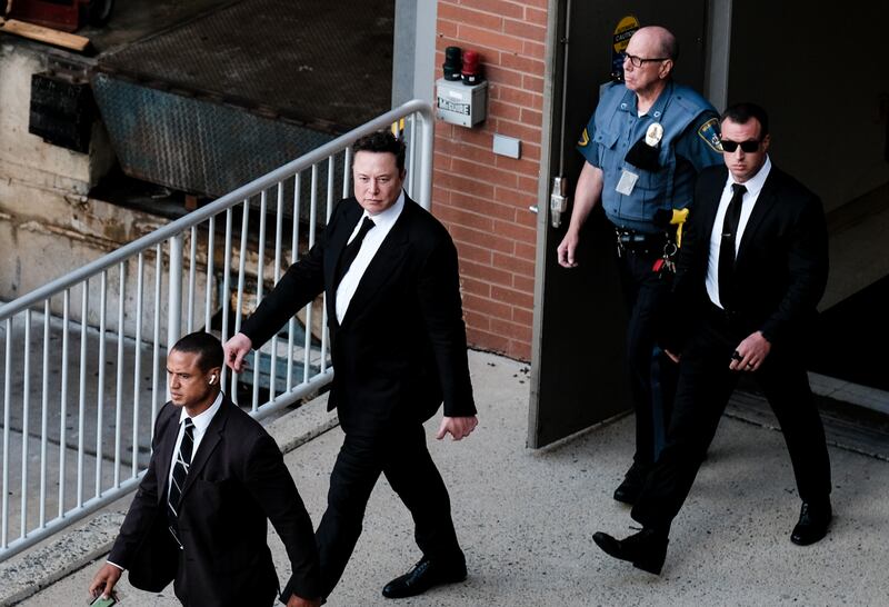 WILMINGTON, DE - JULY 12: Tesla Founder Elon Musk leaves a courthouse after testifying in a court case on July 12, 2021 in Wilmington, Delaware. Musk testified in court over Tesla's $2.6 billion acquisition of SolarCity, a rooftop solar panel installer. (Photo by Michael A. McCoy/Getty Images)