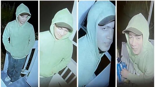 Danelo Cavalcante in side-by-side still photos from a security camera, wearing a green hoodie.