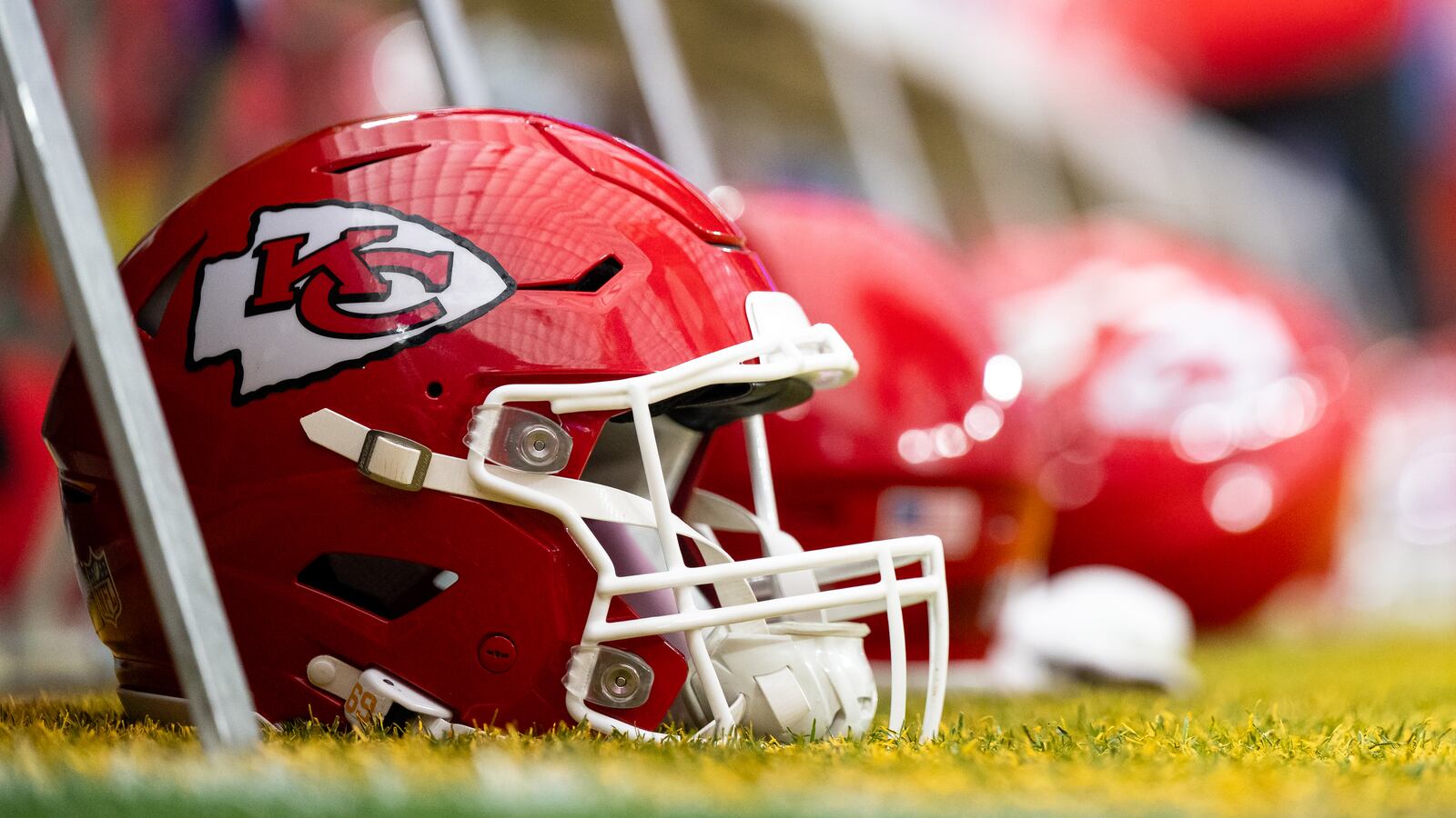 A Kansas City Chiefs helmet is shown prior to Super Bowl LVIII.