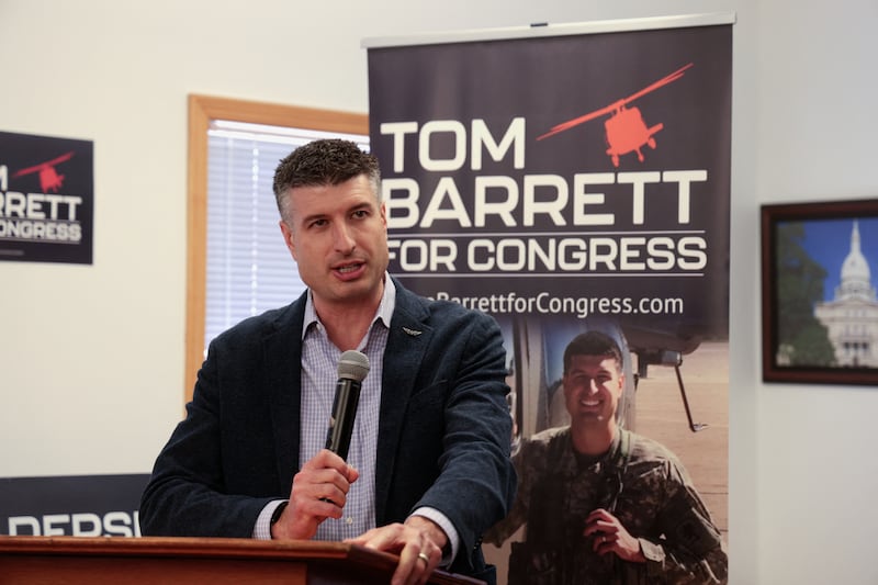 Republican U.S. Congressman Tom Barrett addresses supporters at his campaign office in Brighton, Michigan, U.S., April 17, 2026.