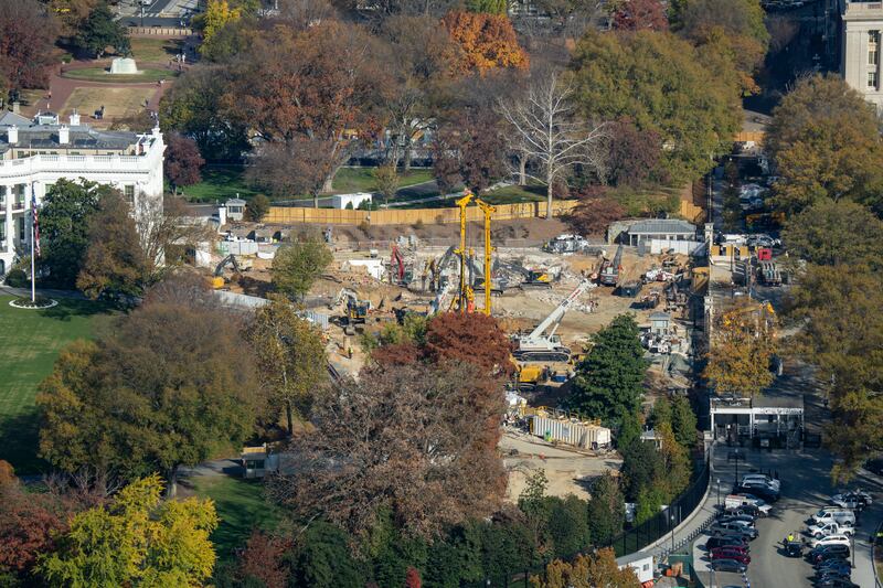 Construction crews continue to remove the East Wing of the White House and prepare for the new ballroom construction as seen from the newly reopened Washington Monument on November 14, 2025 in Washington, DC.