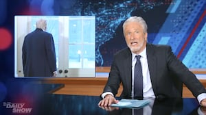 The Daily Show, Jon Stewart on Trump looking out window.