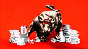 Wall Street Bull wearing a MAGA hat with china dishes around it