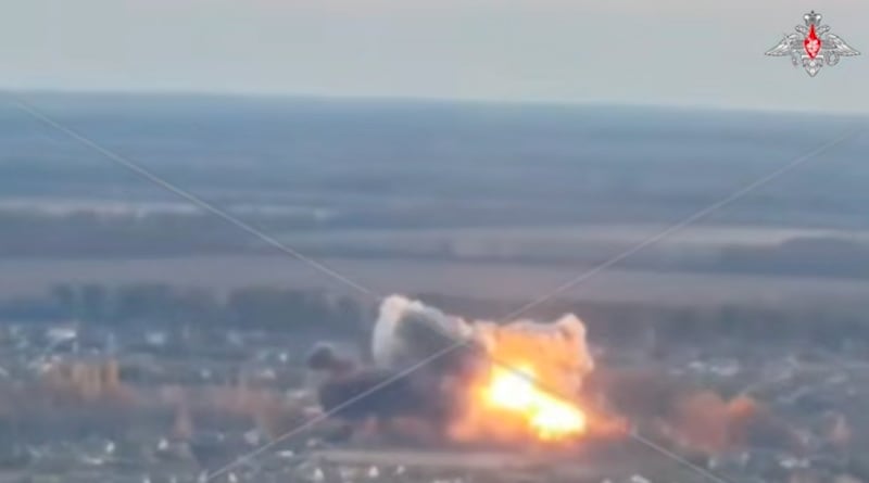 KHARKIV, UKRAINE - DECEMBER 23: (----EDITORIAL USE ONLY MANDATORY CREDIT - 'RUSSIAN DEFENSE MINISTRY / HANDOUT' - NO MARKETING NO ADVERTISING CAMPAIGNS - DISTRIBUTED AS A SERVICE TO CLIENTS----) A screen grab from a video shows Russian strikes which were carried out using long-range, high-precision weapons and unmanned aerial vehicles launched from land and air, including hypersonic 'Kinjal'missiles in settlement of Vilcha in the Kharkiv region, Ukraine on December 23, 2025. (Photo by The Russian Ministry of Defense/Anadolu via Getty Images)