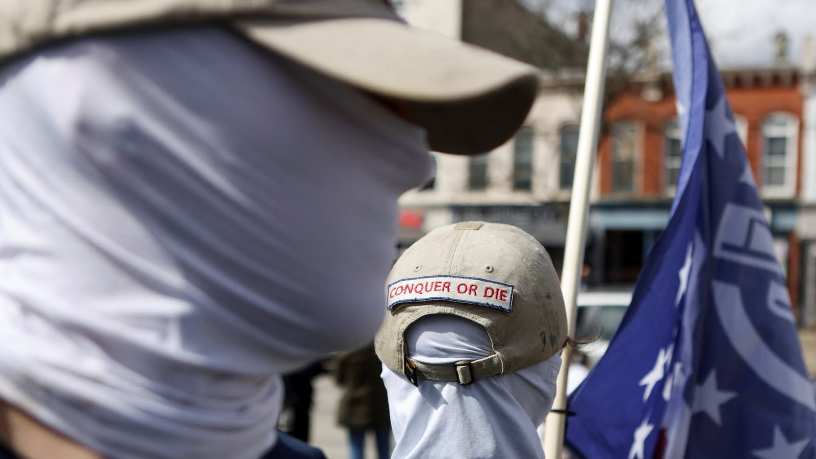 Members of the white nationalist group Patriot Front protest drag show brunch fundraiser ahead of a Drag Show Story Hour in Chardon, Ohio.