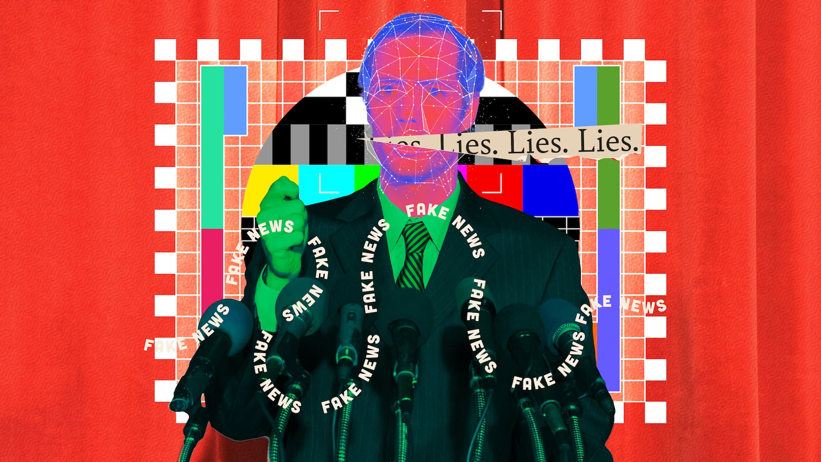 A photo illustration of a politician and fake news