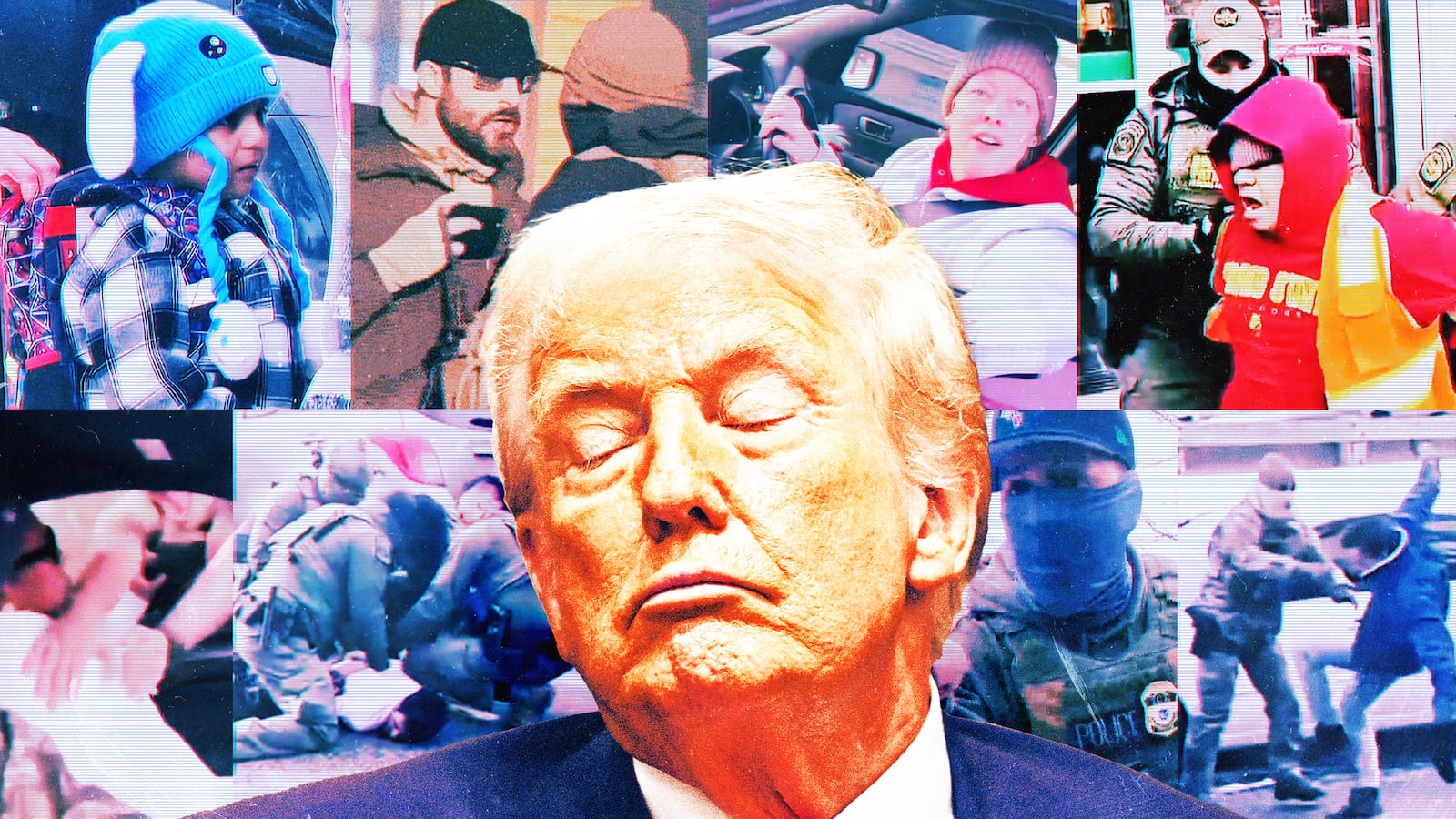 A photo illustration of Donald Trump sleeping in front of a collage of DHS ICE immigration videos of violent interactions.