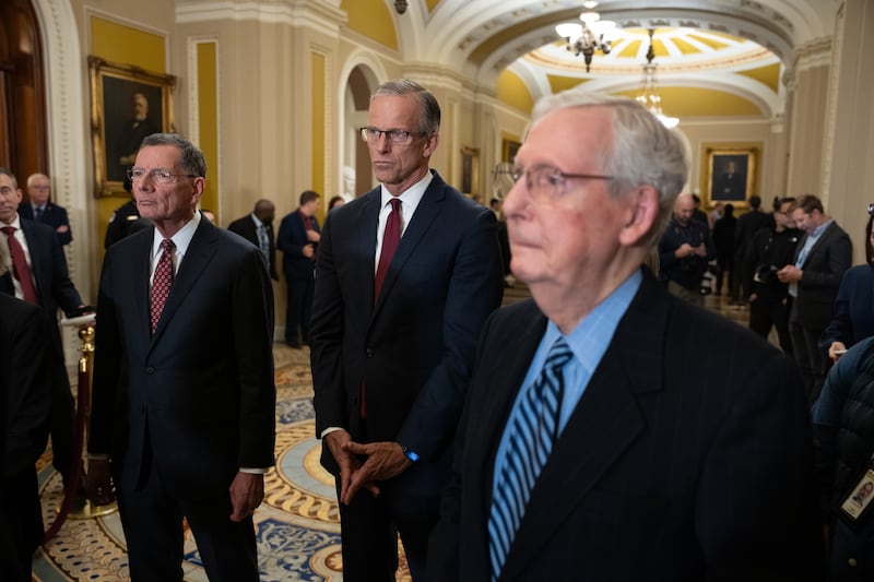 Sen. Mitch McConnell with Sens. John Barrasso (left) and Sen. John Thune (center) in November 2024, while McConnell was still Senate Republican Leader. Spokespeople for Thune and Barrasso said the two senators had spoken to McConnell by phone this week.
