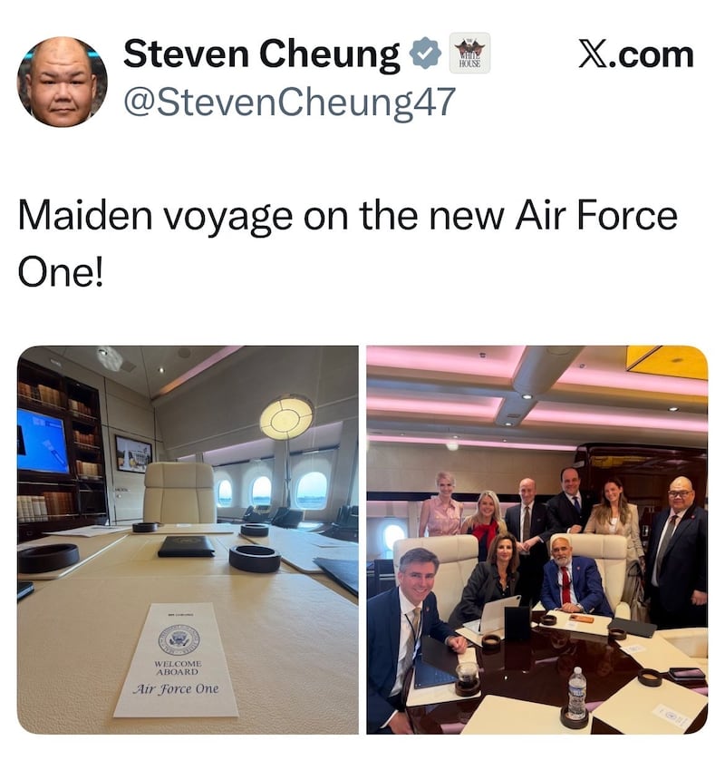 Trump's entourage joined his maiden voyage.