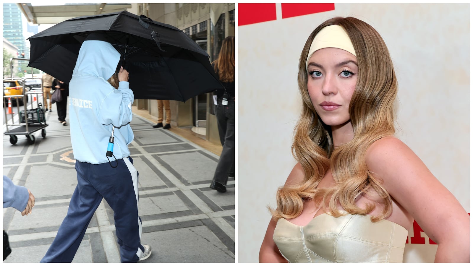 Sydney Sweeney and the hooded figure rumored to be her.