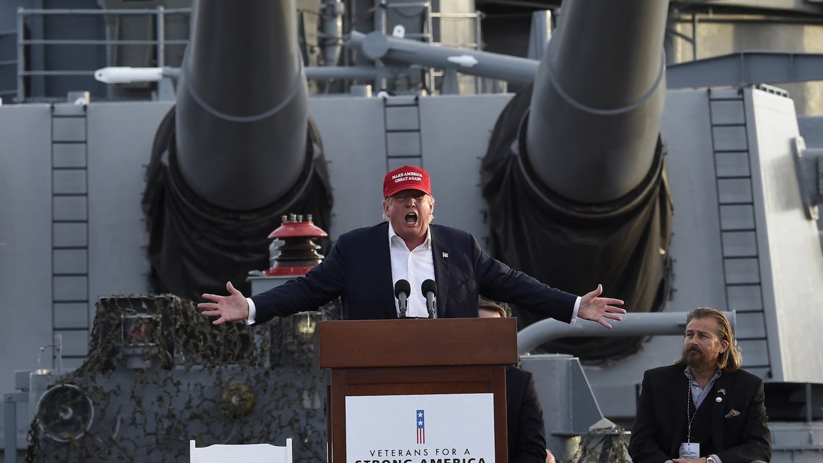 TOPSHOT - Republican presidential candidate Donald Trump gives a national security speech aboard the World War II Battleship USS Iowa, September 15, 2015, in San Pedro, California. AFP PHOTO /ROBYN BECK (Photo by Robyn BECK / AFP) (Photo by ROBYN BECK/AFP via Getty Images)