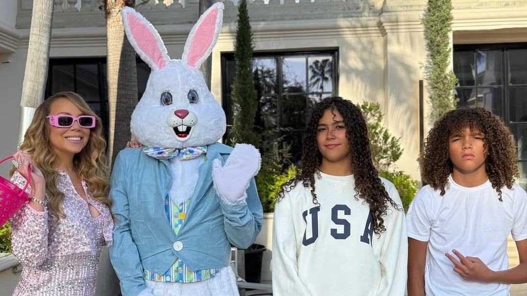 Mariah Carey with her kids Monroe and Moroccan and an Easter bunny.