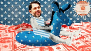 Ruben Gallego on an inflatable inner tube of a donkey over a pile of red cash