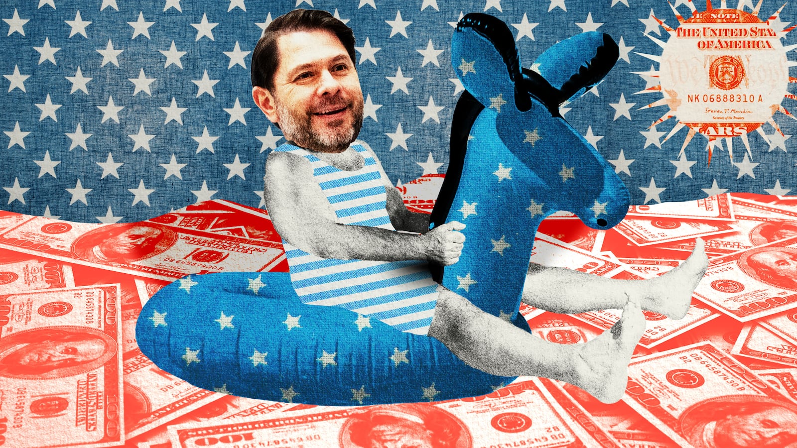 Ruben Gallego on an inflatable inner tube of a donkey over a pile of red cash