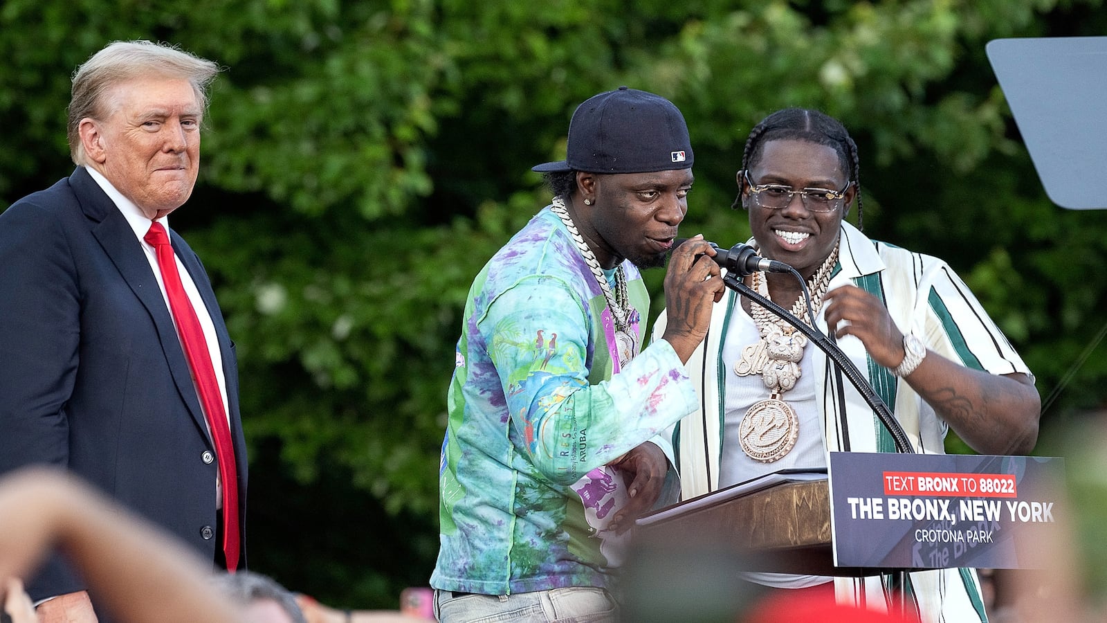 NEW YORK, NEW YORK - MAY 23: Donald Trump is endorced by rappers Sheff G and Sleepy Hallow Speaks at a campaign event at Crotona Park in the South Bronx on Thursday, May 23, 2024. in New York City.