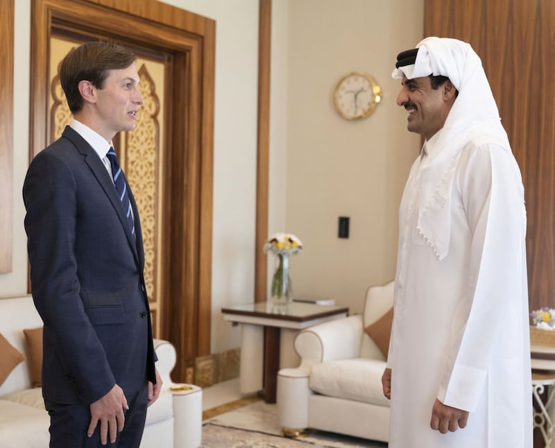 Qatar's ruler, Emir Sheikh Tamim bin Hamad al-Thani, meets with U.S. President's senior adviser Jared Kushner in Doha, Qatar, September 2, 2020.  Qatar News Agency/Handout via REUTERS ATTENTION EDITORS - THIS PICTURE WAS PROVIDED BY A THIRD PARTY.