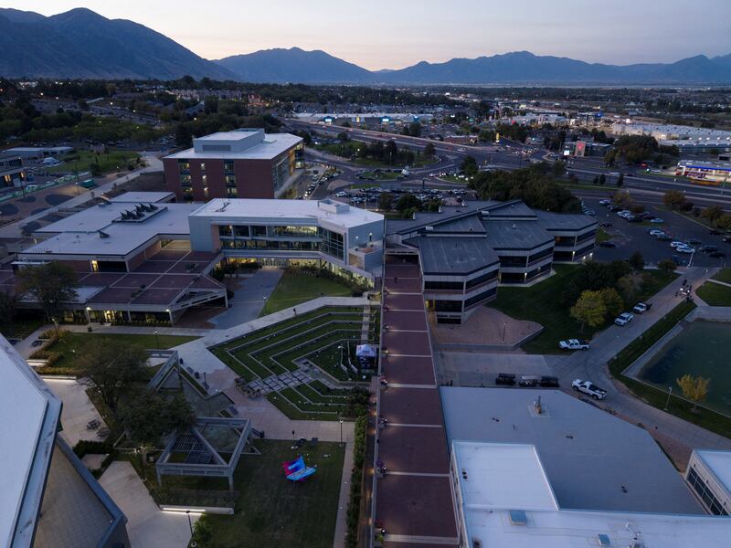 A drone view shows the scene where U.S. right-wing activist, commentator, Charlie Kirk, an ally of President Donald Trump, was fatally shot during an event at Utah Valley University, in Orem, Utah, Sept. 11, 2025.
