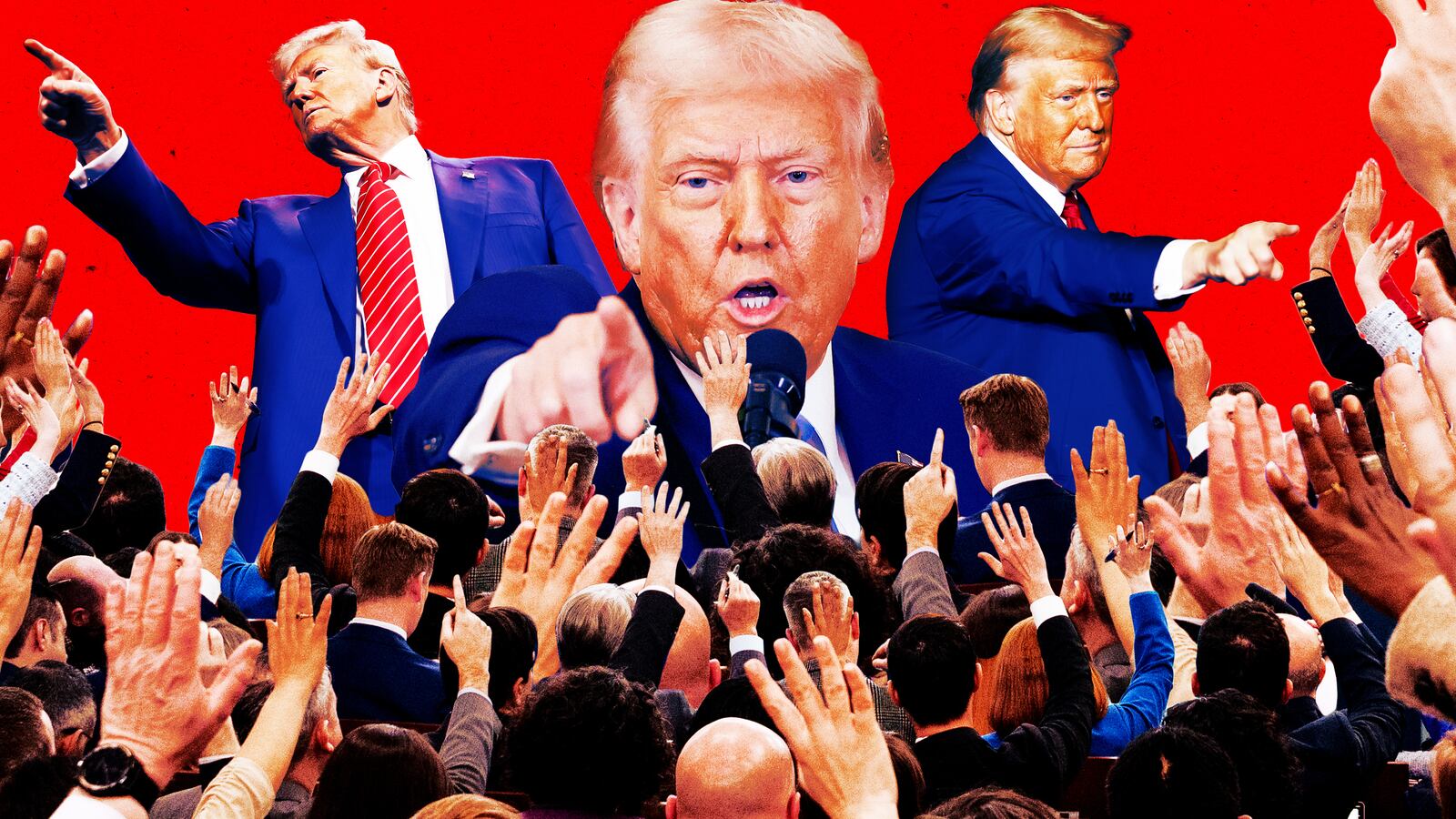 A photo illustration of President Donald Trump and the White House press corps.