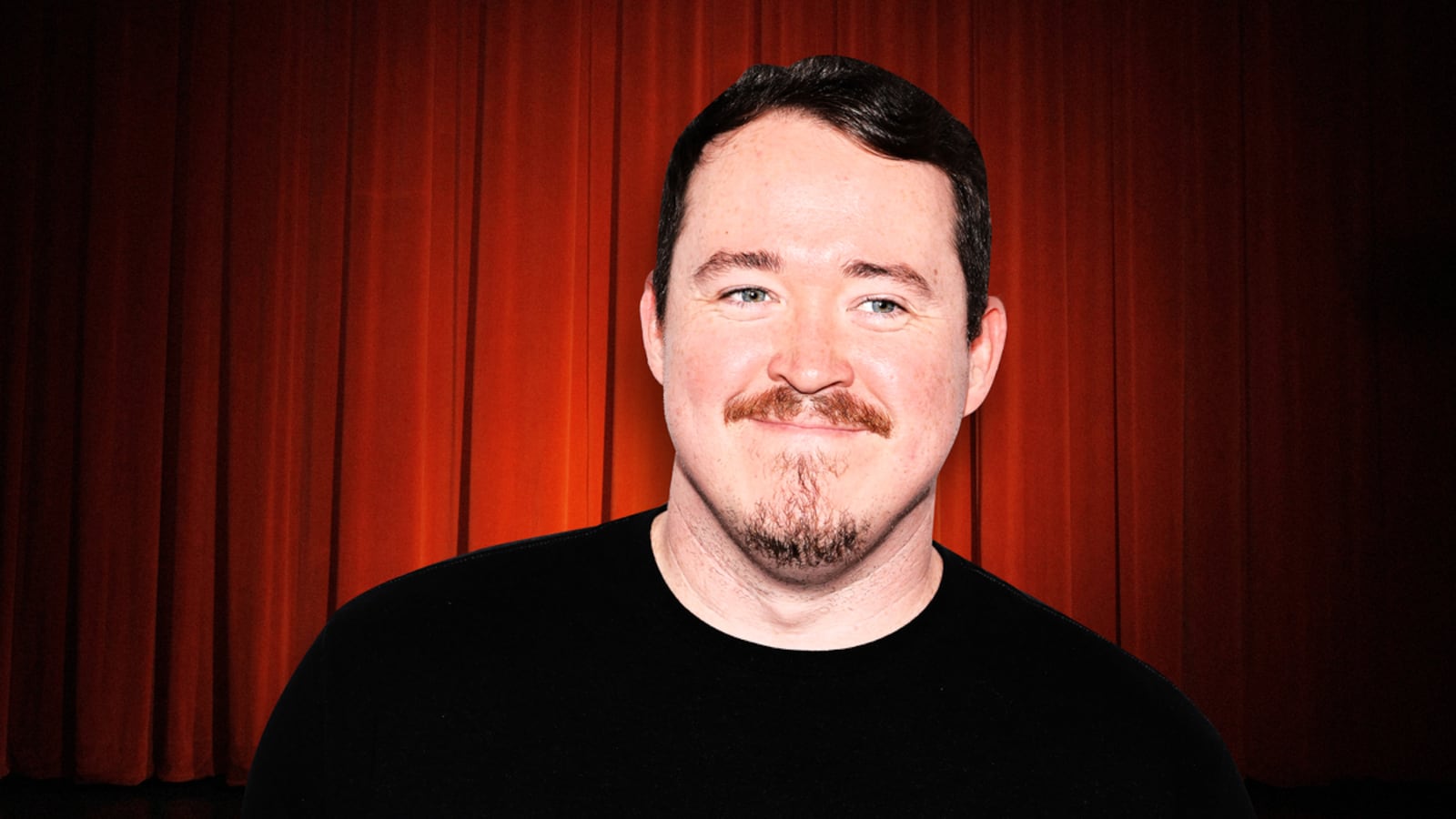 An illustration including a photo of Shane Gillis and a red curtain