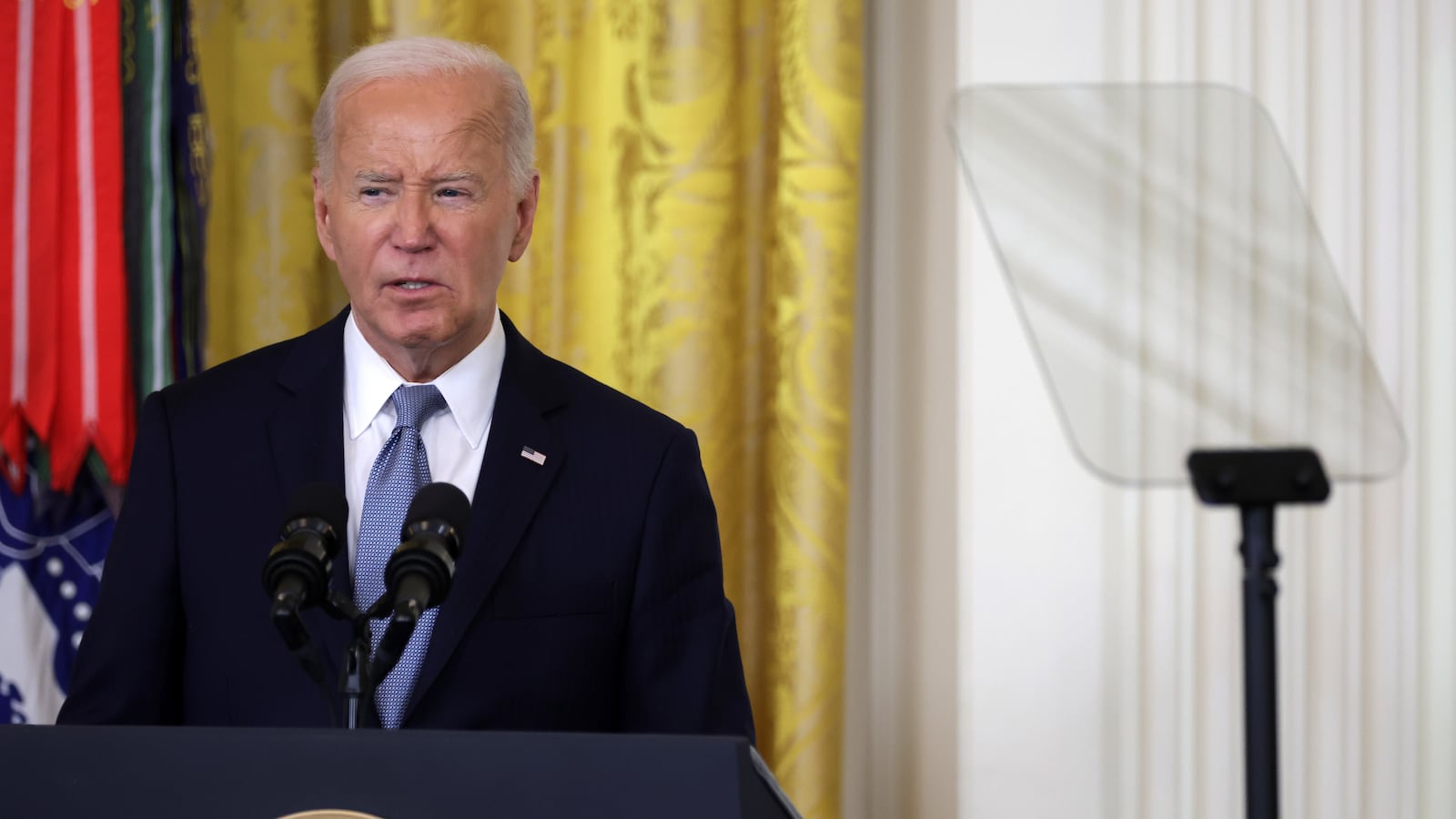 U.S. President Joe Biden speaks during a Medal of Honor ceremony in the East Room of the White House on July 03, 2024 in Washington, DC.
