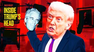 A photo illustration of Donald Trump holding Jeffrey Epstein's head like Hamlet.