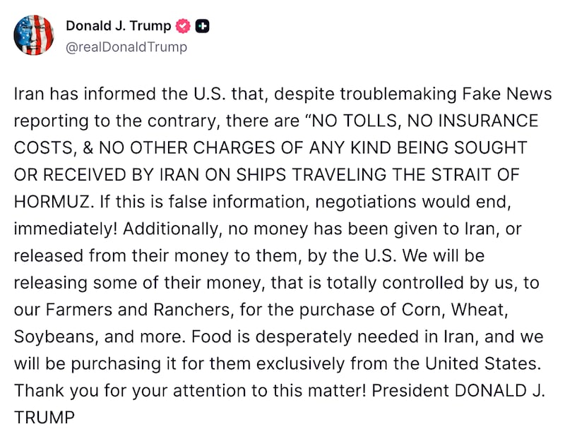 Screengrab of Trump's Truth Social post.