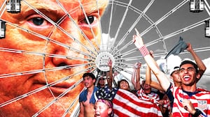 Donald Trump behind a ferris wheel for the America 250 state fair and USMNT fans in the front