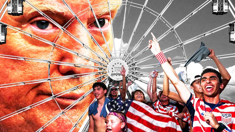 Donald Trump behind a ferris wheel for the America 250 state fair and USMNT fans in the front