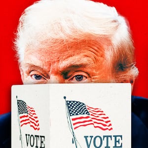 A photo illo illustration of Donald Trump and voting booths.