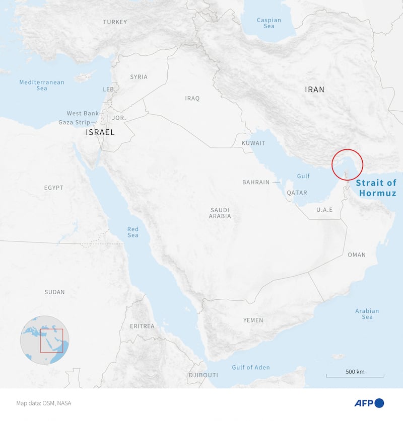 Infographic with a map of the Middle East showing the location of the Strait of Hormuz (Graphic by Jonathan WALTER and Anibal MAIZ CACERES / AFP) (Graphic by JONATHAN WALTER,ANIBAL MAIZ CACERES/AFP via Getty Images)